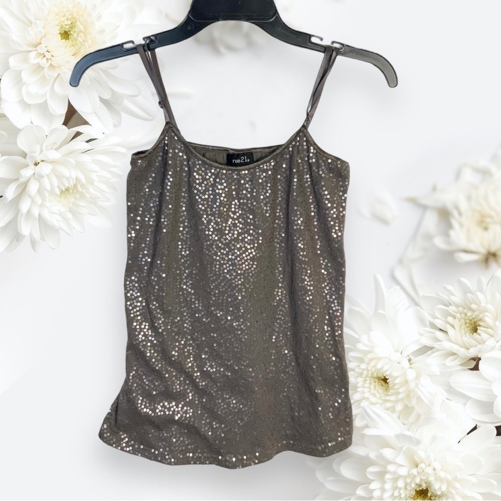 Rue 21 Mocha Gray Greige Sparkly Sequins Spaghetti Strap Top Jrs Large